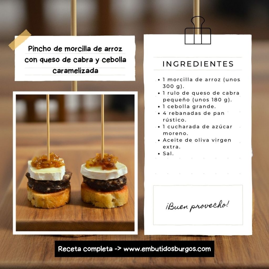 Pincho de morcilla de arroz con queso de cabra y cebolla caramelizada 3 Pincho de morcilla de arroz con queso de cabra y cebolla caramelizada